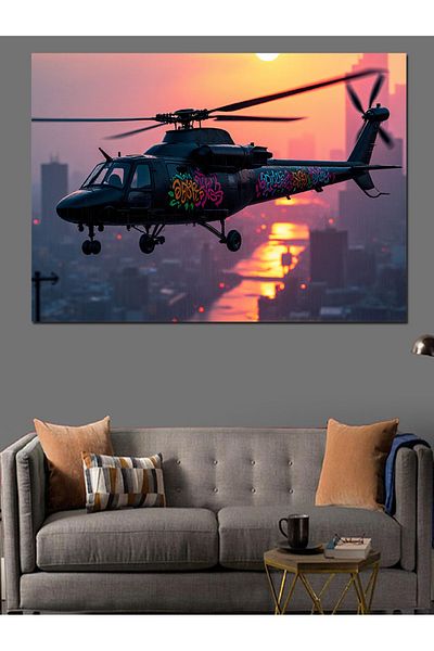 Tablomega Elicopter pe pânză decorativă la apus - pictură din lemn MDF