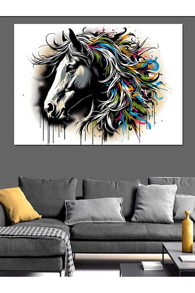 Tablomega Pânză decorativă cu cal cu pene colorate - Lemn MDF