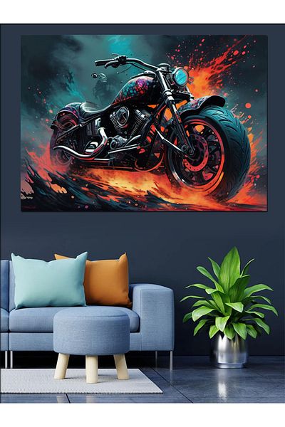 Tablomega Pânză Decorativă Flăcări și Motociclete - Lemn MDF