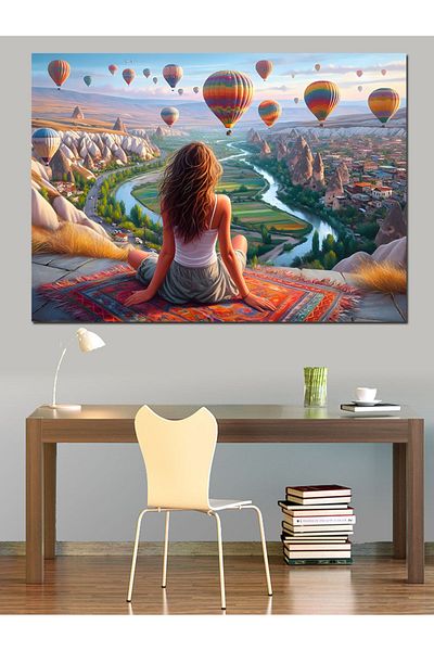 Tablomega Pânză decorativă pentru femei care urmăresc baloanele zburătoare din Cappadocia - MDF Lemn