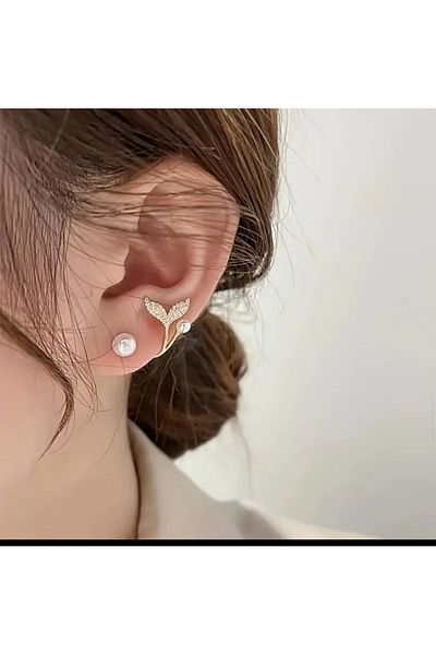 cococlup 1 Pair Stylish Curled Mermaid Tail Pearl and Stone Detailed Earrings for Women