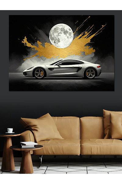 Tablomega Pânză decorativă pentru mașină la lună plină - pictură din lemn MDF