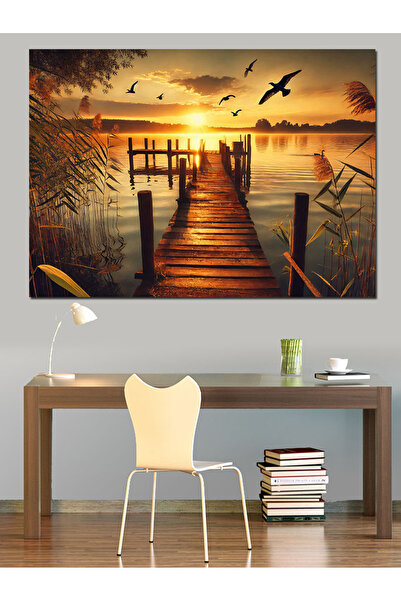 KanvasSepeti Ceas de aur Apus de soare Pictură în ulei decorativă Texturată Pânză de înaltă calitate Pictură pe pânză 140 x 70 cm