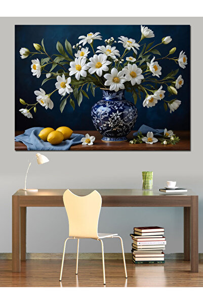 KanvasSepeti Flori albe într-o vază albastră Pictură în ulei Texturată Pânză ...