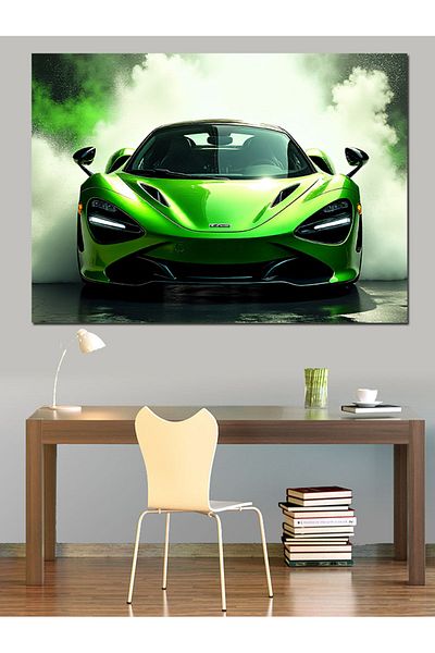 Tablomega Pânză decorativă pentru mașină sport verde strălucitor - pictură din lemn MDF