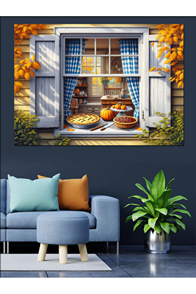 KanvasSepeti Fereastră în bucătărie Pictură decorativă în ulei Texturată Pânz...