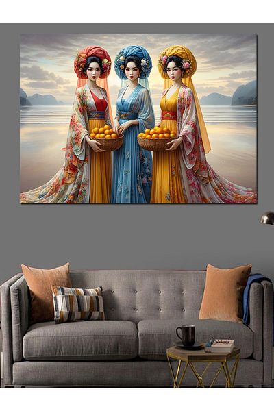 Tablomega Femei asiatice pe malul mării Pânză decorativă - Lemn MDF Pictură