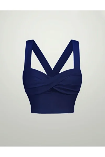 Wild Flower Navy Blue Summer Wide Shoulder Strap Twist Front Crop