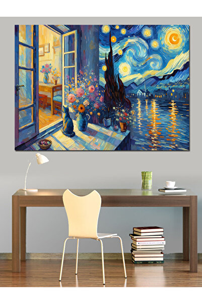 Tablo Mega Deniz Manzaralı Ev Ve Kedi Dekoratif Kanvas - Mdf Ahşap Tablo