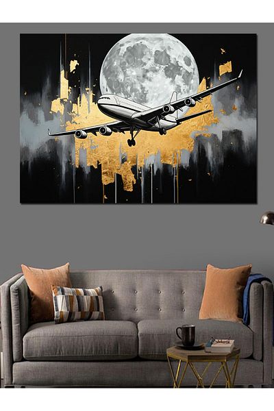 Tablomega Canvas Decorativ Avion Sub Lună - Lemn MDF