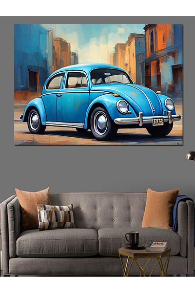 Tablomega Διακοσμητικός καμβάς αυτοκινήτου Retro Blue Turtle - Ξύλινος πίνακας MDF