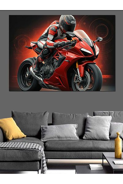 Tablomega Pânză decorativă pentru motocicletă de curse roșie - pictură din lemn MDF