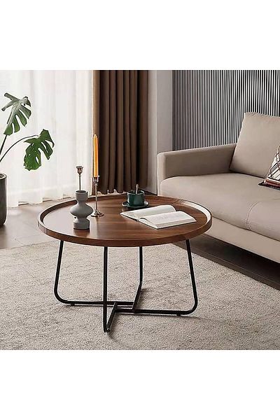 ALMUFARREJ Modern Round Coffee Table For Living Room Wood And Metal Table- 60 CM