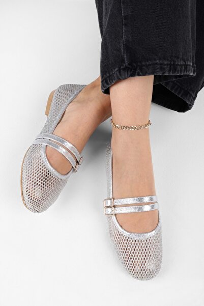 Shoeberry Dámské baleríny Lume Silver Mesh s páskem