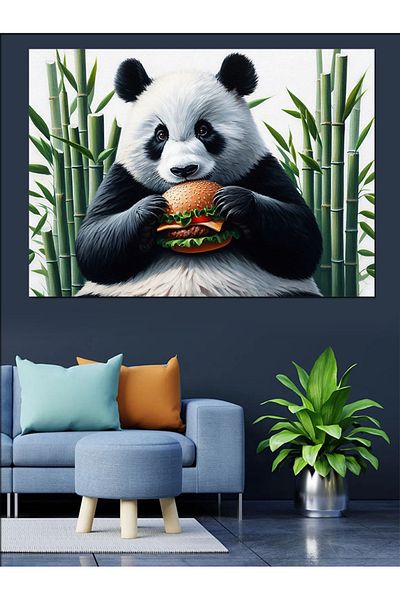 Tablomega Panda Eat Hamburger Pânză Decorativă - Lemn MDF