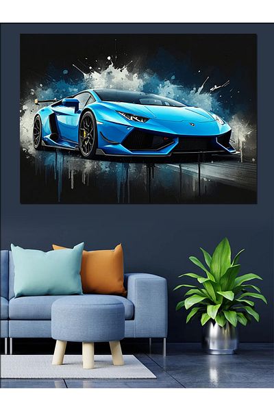Tablomega Blue Sports Car Beach Canvas Decorativ - Lemn MDF