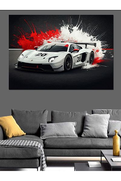 Tablomega Pânză decorativă cu desen de mașină sport albă - pictură din lemn MDF