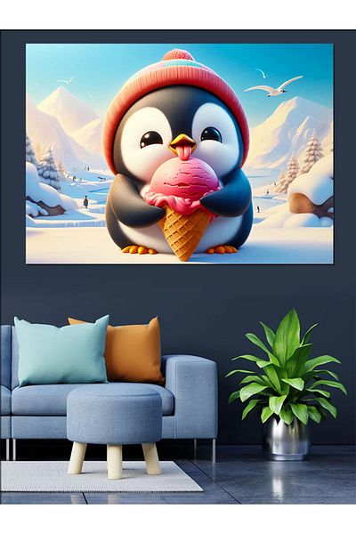 Tablomega Pinguin În plin de înghețată Pânză Decorativă - Lemn MDF