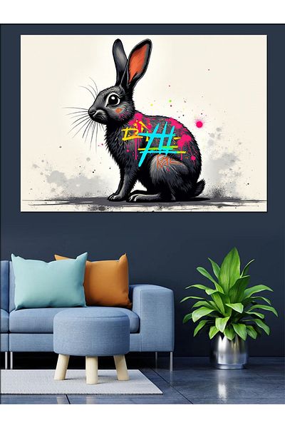 Tablomega Pânză decorativă cu figura de iepure cu graffiti - pictură din lemn MDF