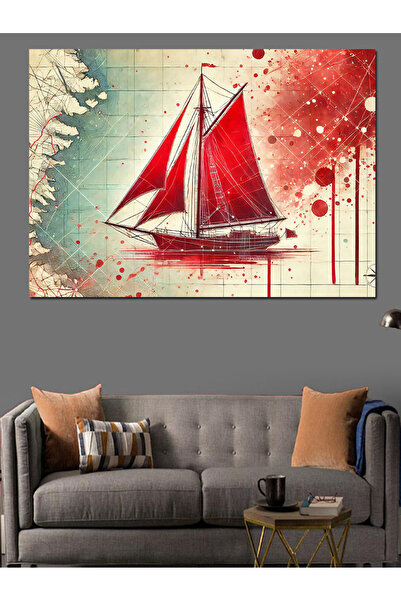 KanvasSepeti Червена ветроходна лодка Декоративна маслена живопис Текстуриран...