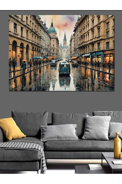 Tablomega O zi de oraș ploios Pânză decorativă - Lemn MDF