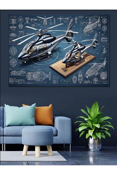Tablomega Elicopter Tehnic Desen Canvas Decorativ - MDF Lemn