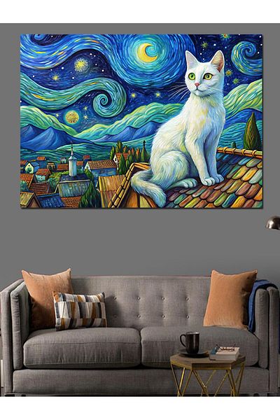 Tablomega Pisica Albă și Case Retro Pânză Decorativă în stil Van Gogh - Lemn MDF