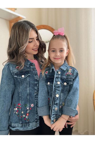 BERFONZO KIDS Mamă - Fiică Copil Jachetă din denim cu broderie florală - Palton din denim (PRETUL ESTE UNUL ARTICOL)