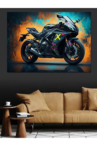 Tablo Mega Siyah Spor Motor Dekoratif Kanvas - Mdf Ahşap Tablo