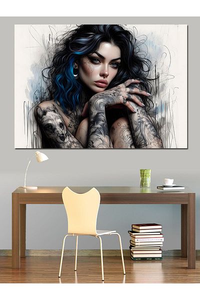 Tablomega Pânză decorativă pentru femei cu păr albastru și tatuaj - Lemn MDF