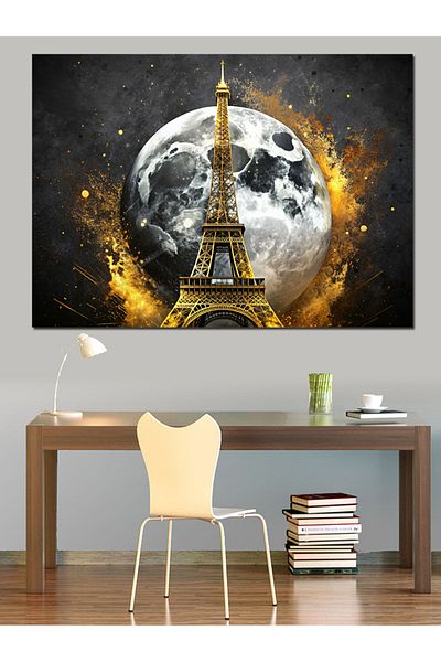 Tablomega Pânză decorativă pentru lună plină și turnul Eiffel - pictură din lemn MDF