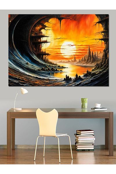 Tablomega Pânză decorativă cu peisaj de apus și lac - pictură din lemn MDF