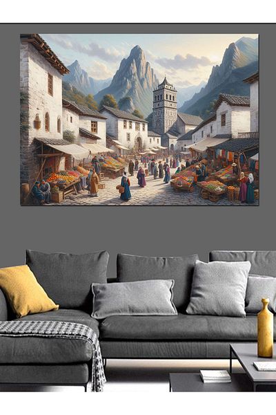 Tablomega Pânză decorativă retro Mountain Town și Market Place - Pictură din lemn MDF