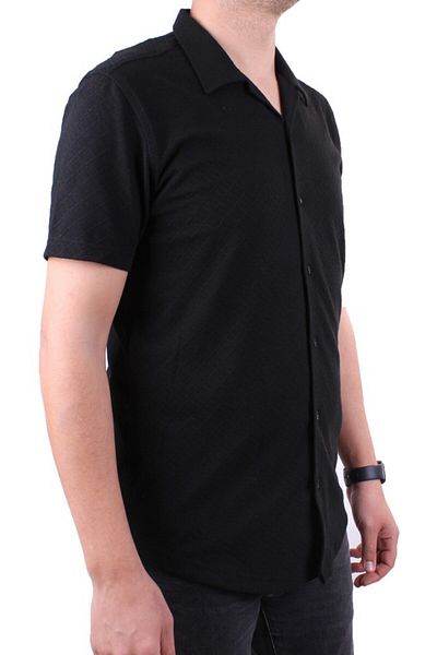 DAGOSTER DMG23-118381 Мъжка риза с къс ръкав, черна плетена и апликационна яка, с прилепнал крой