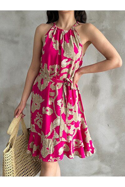 Sunlit Collections Kadın Pembe Bej Desenli Halter Yaka Kuşaklı Yazlık Elbise