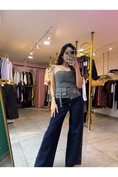 Tuğba Gri Fermuar Detaylı Straplez Bluz