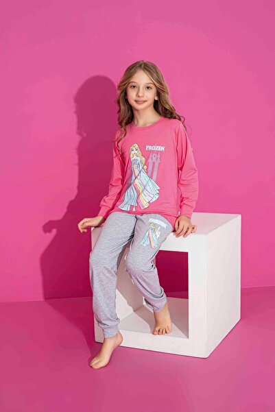 ETHEM TEKSTİL Kız Çocuk %100 Pamuk Pembe Elısa Baskılı Pijama Takımı