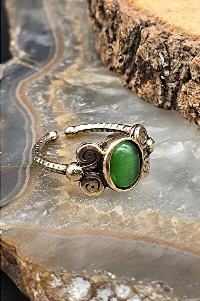 NBS Beautiful Naturel Stones Bakır Kedi Göz Yeşil Zarif Tasarım Trend Kaliteli Yüzük Ayarlanabilir ( Hediye , Özel Gün , Trend )