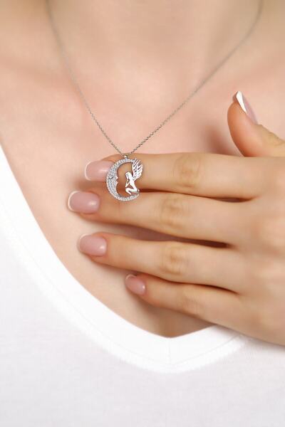 SARIASLAN 925 Ayar Gümüş Rodyum Su Perisi Ay Içinde Gümüş Kolye