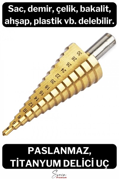 Svein Paslanmaz Kademeli Matkap Ucu Sac Demir Çelik Plastik Bakalit Ahşap Delici Sarı Titanyum Kozalak Uç
