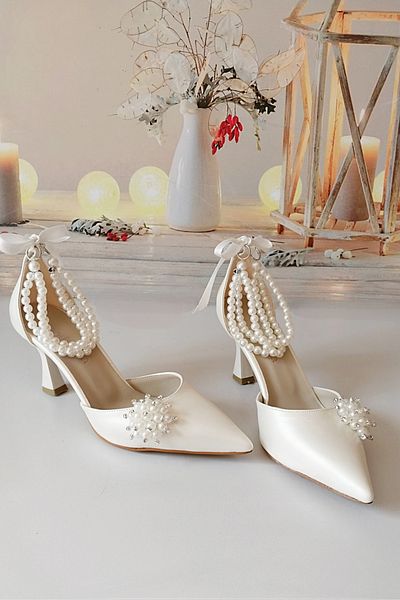 Modavien Pantofi de mireasa de dama cu design special de 7 cm cu perle sidefate