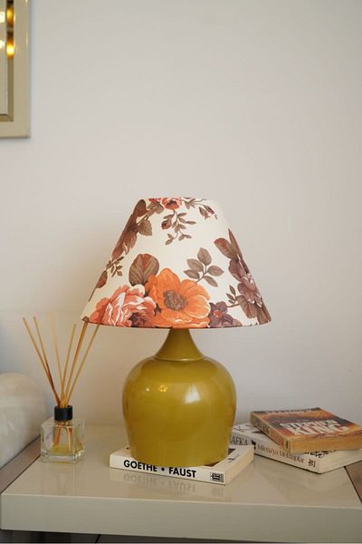 retro home design Mustard Color Footed Conical Brown Flower Printed Lampshade Table Lamp Living Room Bedroom