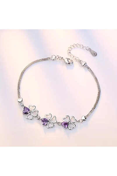 Monarque Kalp ve Yonca Figürlü Mor Taşlı Gümüş Bileklik