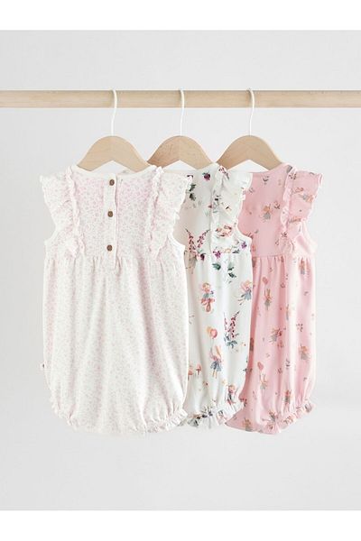 Next Baby 100% Cotton Pink Cream Floral Patterned 3-Piece Romper Set