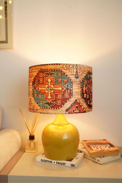retro home design Hardal Renk Ayaklı Silindir Özel Baskılı Abajur Masa Lambas...