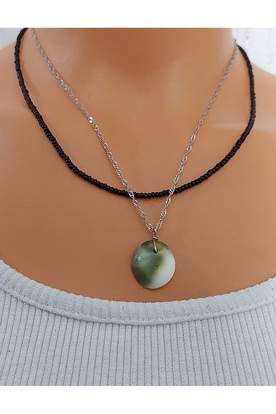 Nej Liar Stone, Chain-Beads Double Cord Necklace
