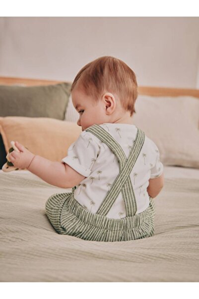 Next Baby 100% Cotton Green Striped Salopet Bodysuit Set