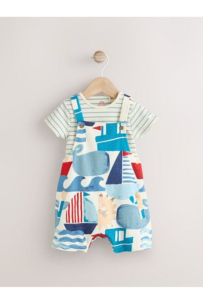 Next Baby 100% Cotton Blue Sea Themed Salopet Bodysuit Set
