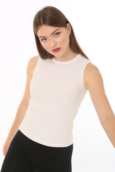 CHEISU Women's Ecru Zero Sleeve Crew Neck T-Shirt Blouse Athlete Ribbed Camisole