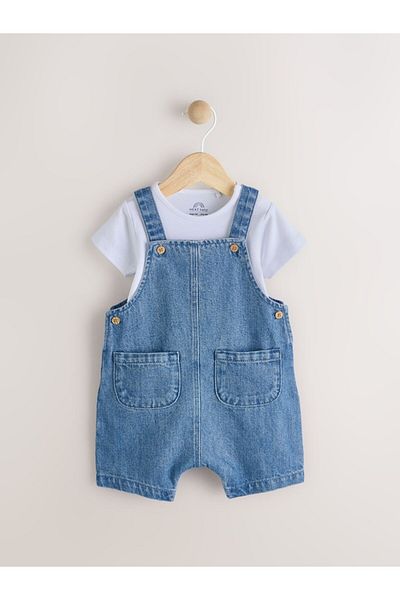 Next Baby 100% Cotton Blue Denim Salopet Bodysuit Set